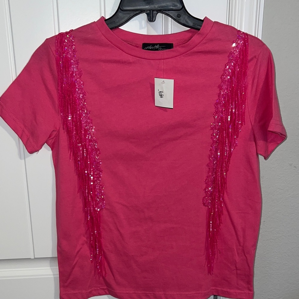 NWT! Concert | Festival Pink Short Sleeve Tee with Sequin Fringe! size SMALL - Picture 4 of 9